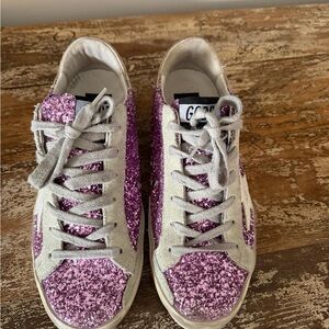 Golden Goose Pink Glitter Low-Top Sneakers with Cream Suede